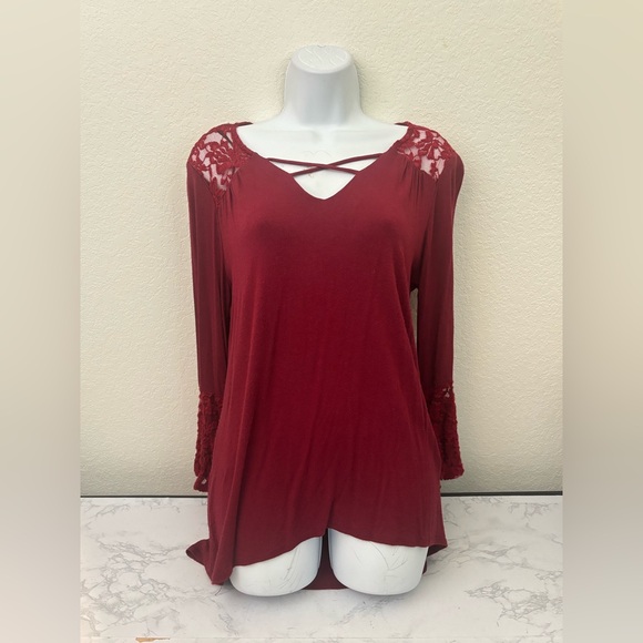 NY Collection Tops - NY Collection Long Sleeve Strappy Blouse Size S Shirt Red Pullover Top